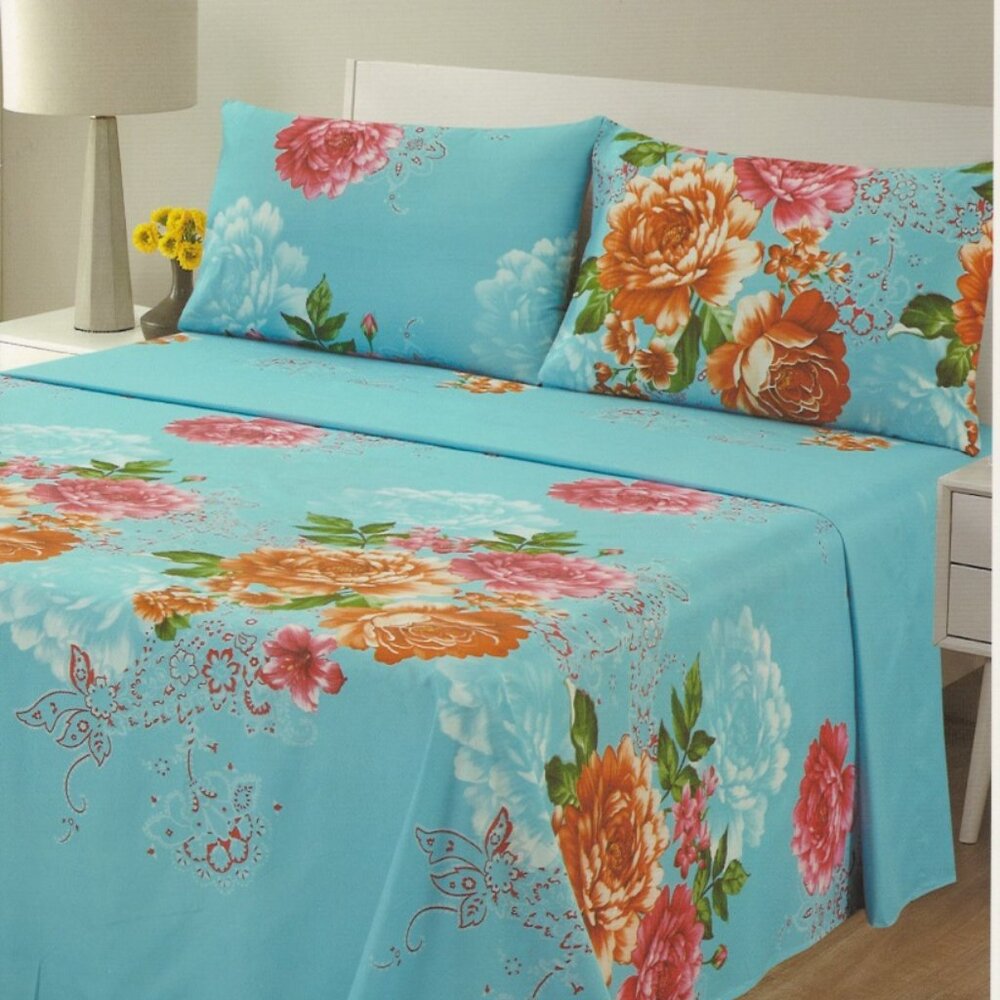 Floral Printed Bed Sheets Set 4-pc Red Roses on a Blue Base Queen & King Size